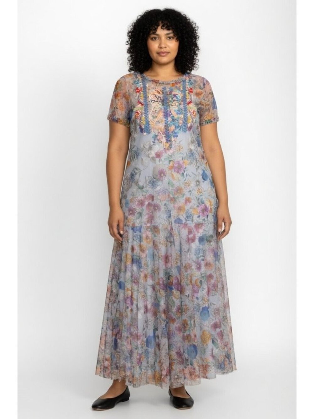 NWT BIYA Johnny Was Flora Dancer Maxi Mesh Embroidered Dress w/ Slip L